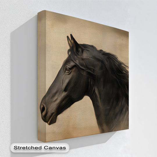 Canvas wall art showing a black horse portrait and warm beige tones featuring the black horse portrait canvas print