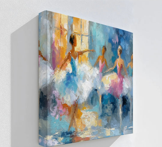 Highlighting its interplay, the impressionist ballerinas canvas wall art features a vivid color contrast between the warm oranges and cool blues in the painting.