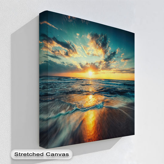 Dynamic ocean sunset canvas artwork capturing the motion of rolling waves and fluid golden light across the beach seascape.