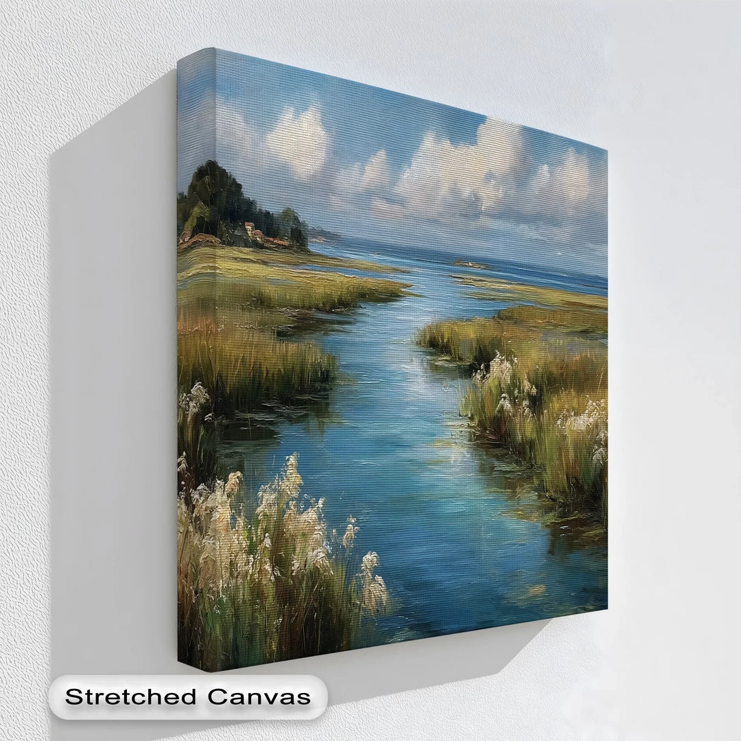 Tranquil river inlet surrounded by grassy wetlands

