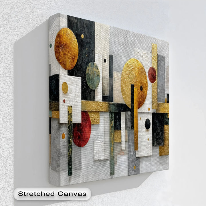 Geometric abstract canvas print with gold textured circles and modern blocks

