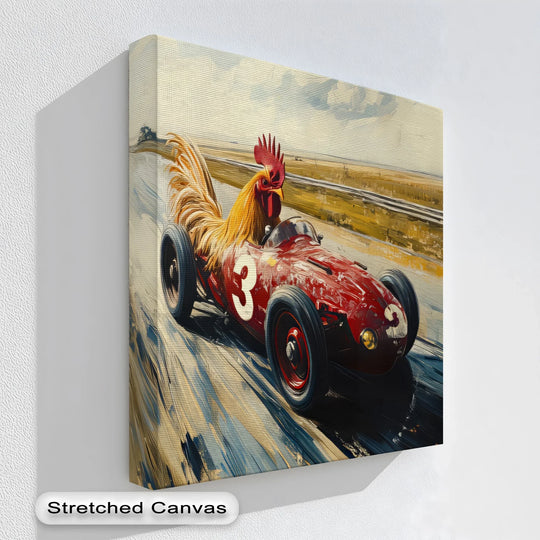 The stillness of the canvas captures the Rooster Racer in his car, a moment frozen in time with big canvas prints bringing a sense of retro speed.