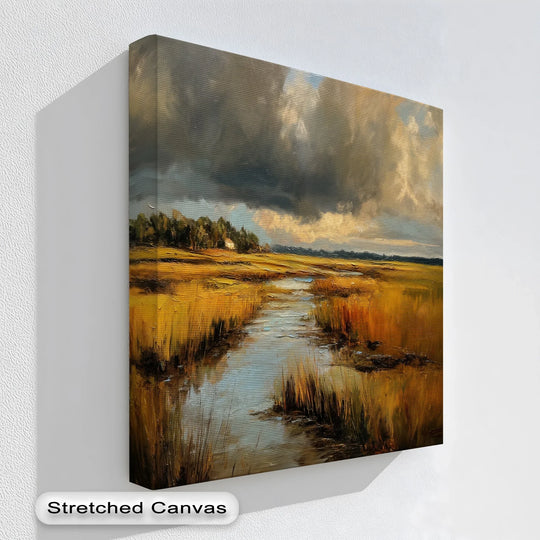 The transition between colors showcases the golden marshlands in the dramatic sunset landscape canvas art prints, reflecting serene hues from the water to the cloudy sky.