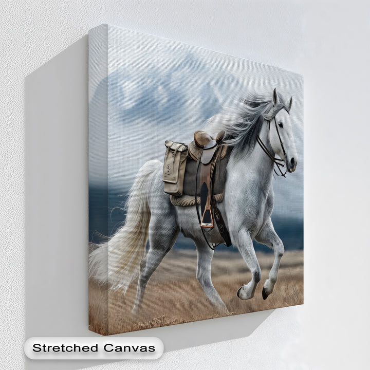 Gallop in the Mist – White Horse with Saddle Canvas Print