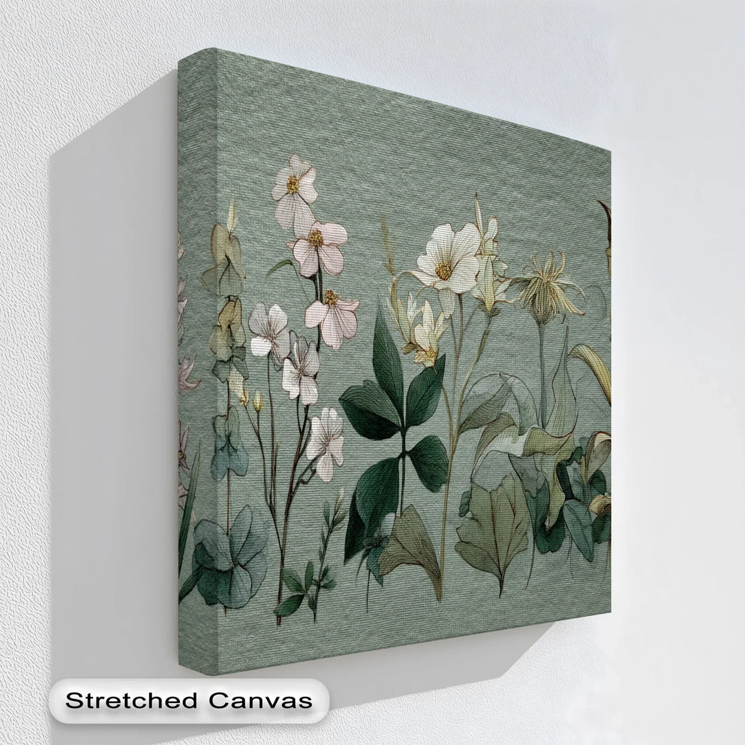 Botanical canvas print with hand drawn wildflowers on soft green background

