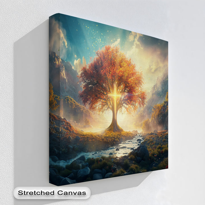 Highlighting the transition between colors, this fantasy mountain landscape canvas pictures showcase radiant autumnal tones shifting from fiery reds to serene blues.