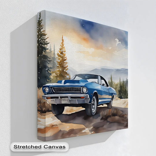 Azure and blue hues dominate this high quality canvas prints of a classic muscle car set against a scenic forest backdrop, providing a vibrant color palette.