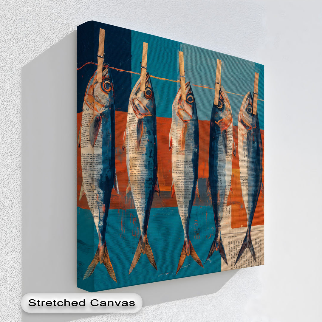 The focal point highlights a vibrant modern hanging fish canvas painting, a coastal kitchen wall art piece showcasing bold colors and a unique collage texture.
