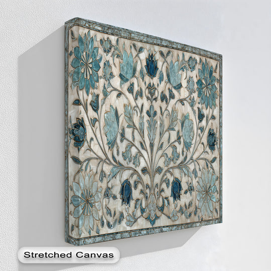A square, vertically oriented best canvas prints piece showcases an elegant blue floral ornament, displaying intricate botanical wall art.