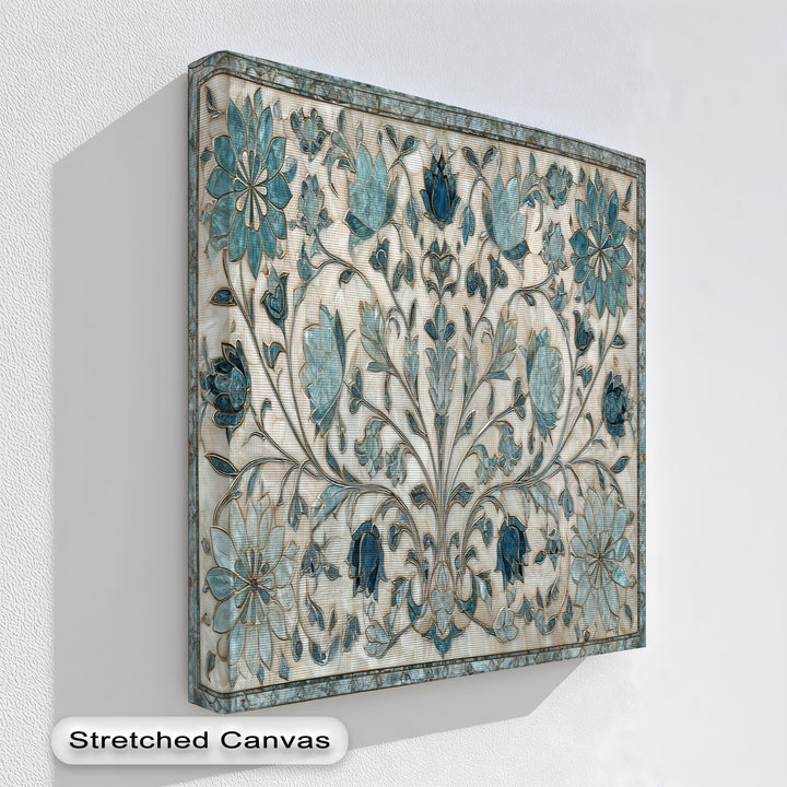 A square, vertically oriented best canvas prints piece showcases an elegant blue floral ornament, displaying intricate botanical wall art.