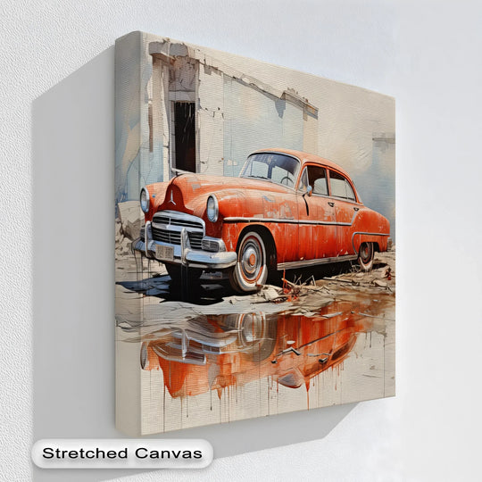 Blurred reflections capture the sense of movement and flow in this vintage car canvas print, highlighting the premium canvas decor's atmospheric quality.