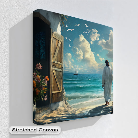 Soft, feathery clouds drift above the serene Jesus walking on the beach canvas art print, offering a peaceful contrast to the weathered shore and open door.