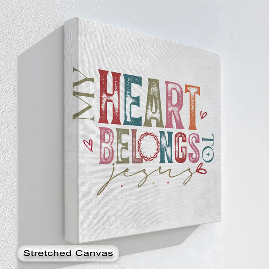 Highlighting the layering effect, this faith-inspired 'My Heart Belongs to Jesus' unique canvas print features vibrant typography that adds depth to Christian home decor.