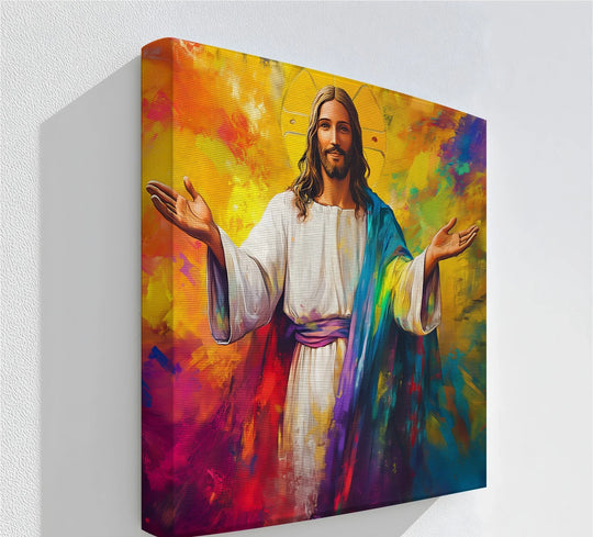 Warm color temperatures radiate from this divine 'Jesus with Outstretched Arms' big canvas prints, featuring a spectrum of vibrant hues.
