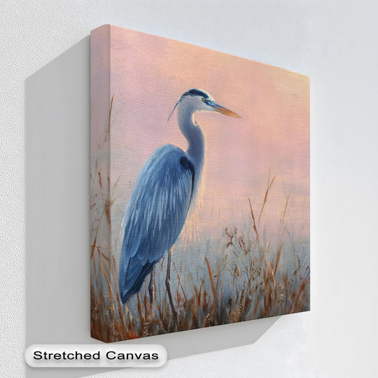 Softly diffused light highlights the serene wildlife marsh, making this graceful blue heron art one of the best canvas prints for your nature-inspired décor.