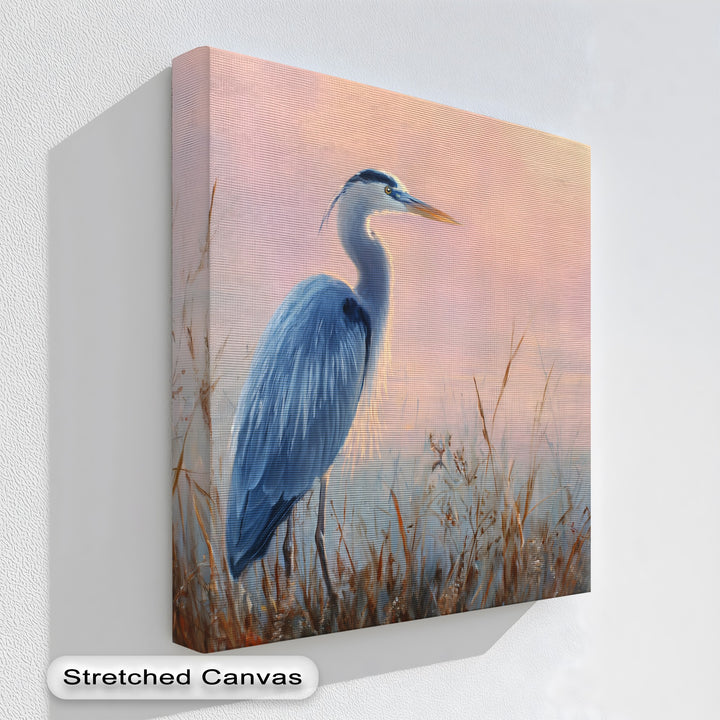Softly diffused light highlights the serene wildlife marsh, making this graceful blue heron art one of the best canvas prints for your nature-inspired décor.