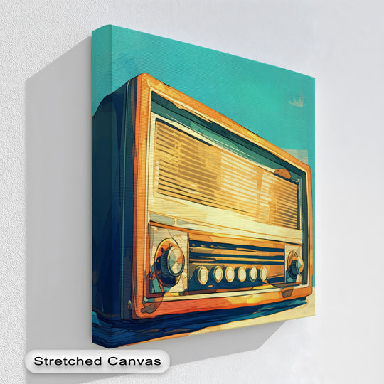 Visual rhythm is created by the repeating lines and circular knobs on this unique canvas print of a golden frequencies vintage orange radio.