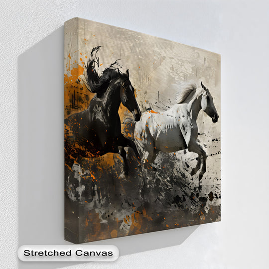 Visible surface texture reveals the stretched canvas pictures of a black and white horse canvas print in abstract motion, showcasing a dynamic and expressive design.