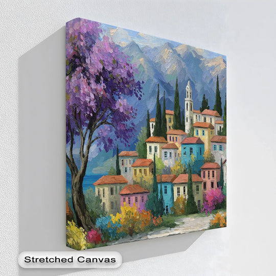 Showing the layering effect, this vibrant canvas print of a Mediterranean village creates depth with its intricate canvas wall decor featuring a blossom tree and colorful homes.