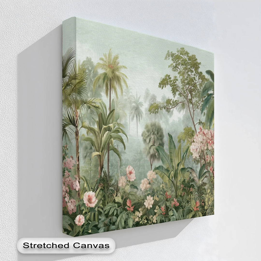Tropical rainforest canvas print with pink and cream flowers

