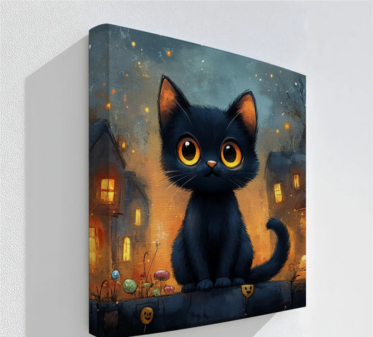 Color transitions between the dark black kitten and the warm, glowing Halloween town create a charming canvas pictures print.