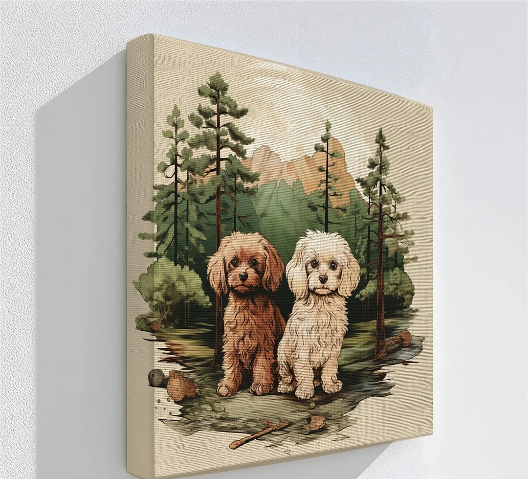 Wilderness Companions – Two Puppies in Forest Mountain Scene Canvas Print - MyPhotoStation