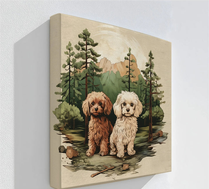 Wilderness Companions – Two Puppies in Forest Mountain Scene Canvas Print - MyPhotoStation