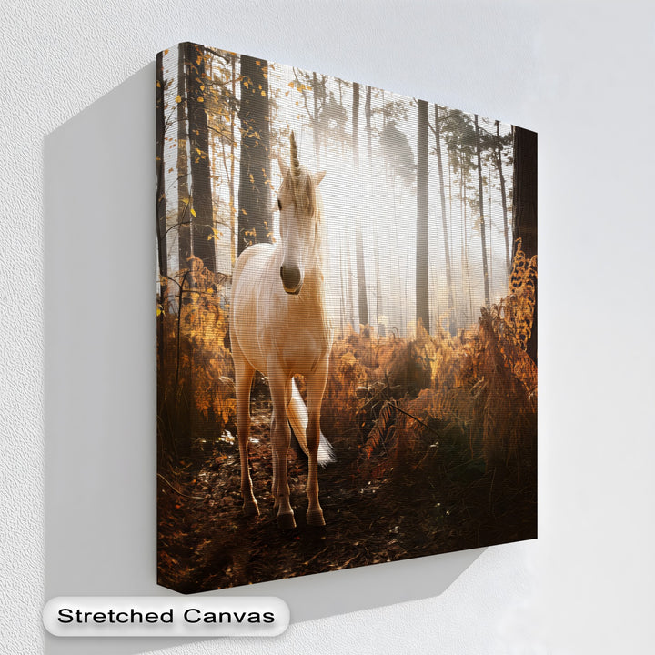 Enchanted Light – White Unicorn in Autumn Forest Canvas Print