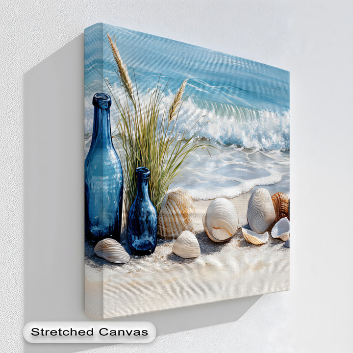 Blue Bottles and Seashells on Seashore - Canvas Print
