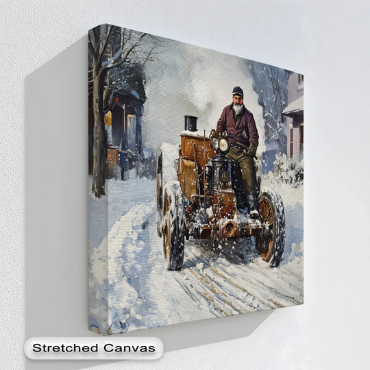 Superior material quality highlights the texture of canvas art prints in this 'Snowbound Journey' car canvas, rendering a vintage tractor scene with striking clarity.