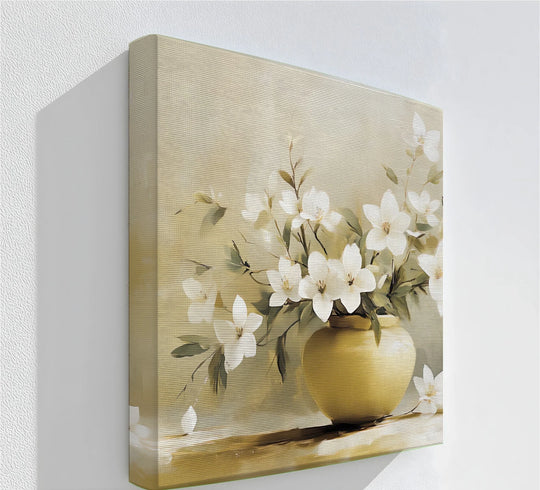 Golden Vase Elegance – white flower bouquet canvas print.


