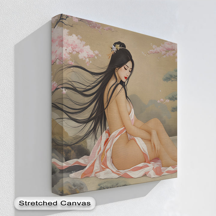 Asian Woman with Cherry Blossoms – Erotic Canvas Wall Art | Nude Art