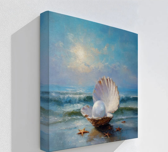 Undulating organic forms define this high quality canvas prints featuring an open seashell and pearl on the shore, a coastal scene with natural beauty.