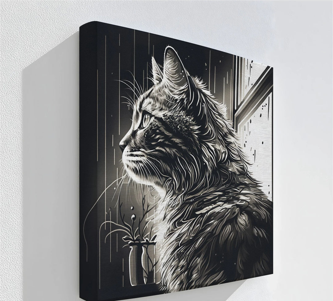 Cat Looking Out the Window in Monochrome - Cat Canvas Print - MyPhotoStation