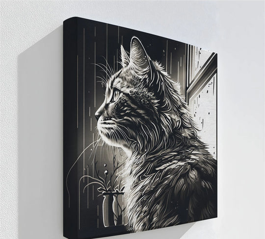 Visual rhythm is created by the repeating vertical lines in this Cat Looking Out the Window in Monochrome canvas wall decor print.