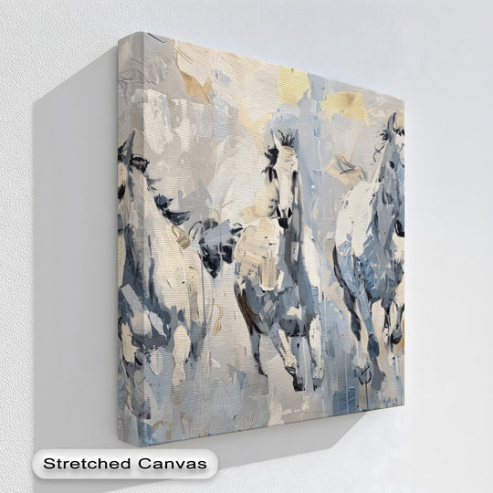 Canvas wall art frozen gallop trio of white horses in winter tones and horse wall art makes elegant serene interior art