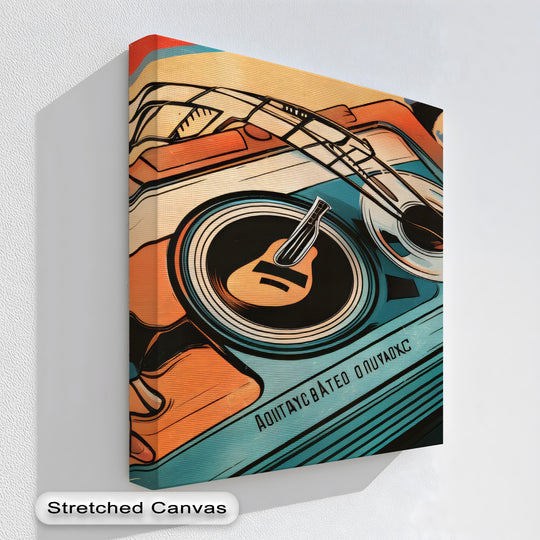 The negative space shapes a guitar within the turntable design in this 'Spin & Strings' premium canvas decor print.