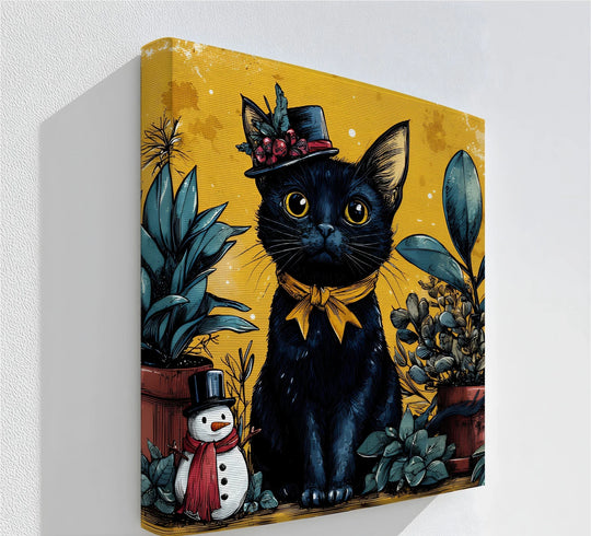 Abstract quality enhances this black cat with holiday hat canvas art prints, offering a blend of whimsical charm and decorative flair in vivid color.