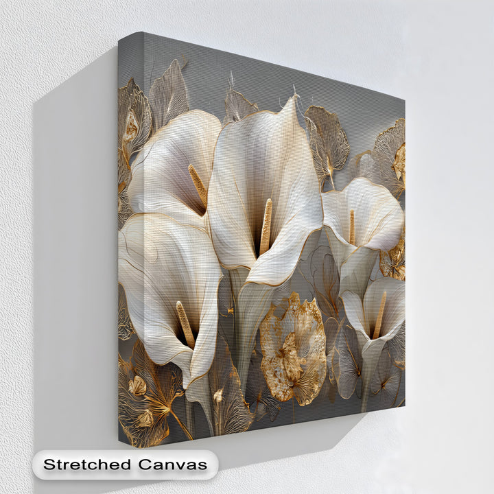 White Calla Lilies with Gold Leaves - Canvas Print