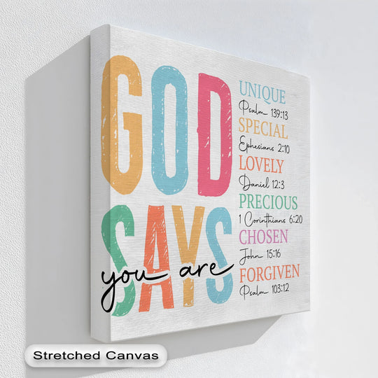 With its blend of warm oranges and cool blues, the color temperature of this 'God Says You Are' inspirational canvas wall art evokes a cheerful ambiance.