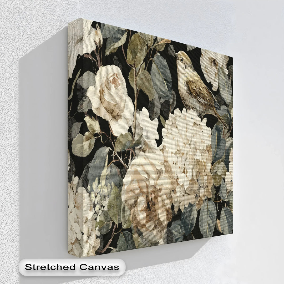 Vintage bird and flower canvas print with soft beige roses and dark background

