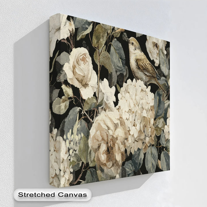 Vintage bird and flower canvas print with soft beige roses and dark background

