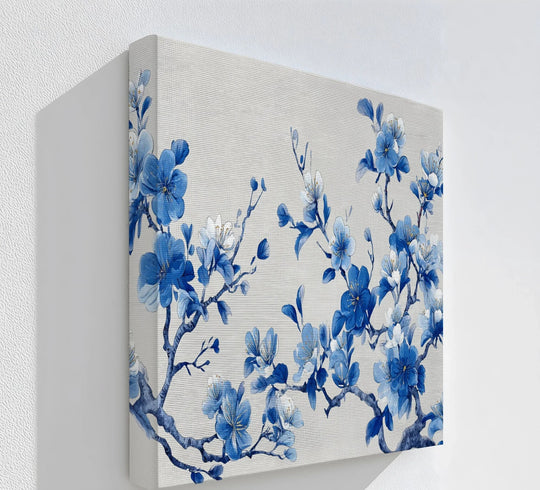Finished with careful detail, this blue blossom harmony canvas print showcases a textured surface, highlighting the best canvas prints with a delicate cherry flower branch.