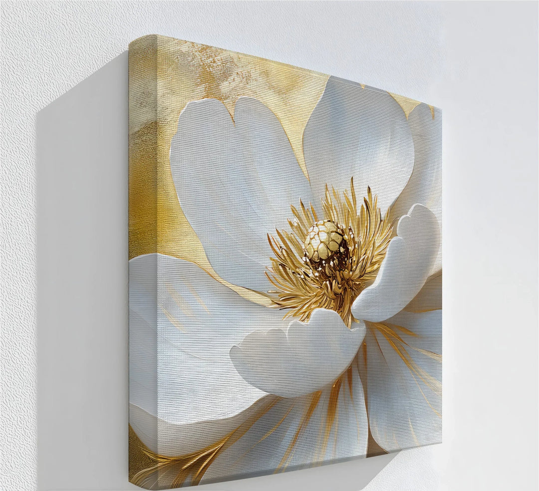 Golden Vase Elegance – white flower bouquet canvas print.

