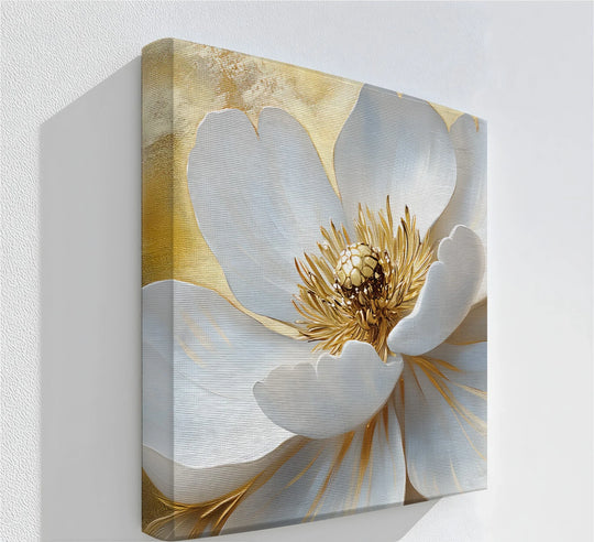 Golden Vase Elegance – white flower bouquet canvas print.

