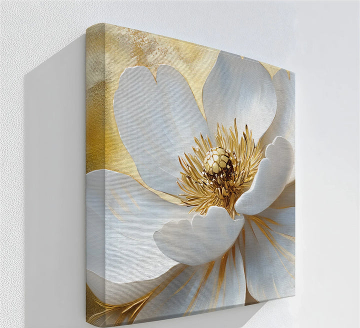 Golden Vase Elegance – white flower bouquet canvas print.

