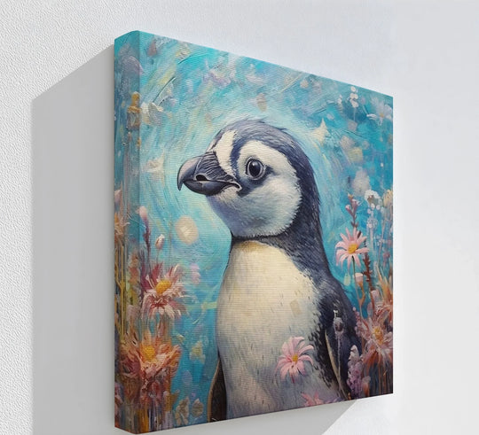 Layers of painted texture enhance the depth in this blossom companion penguin animal print, creating engaging canvas pictures amidst a floral foreground.