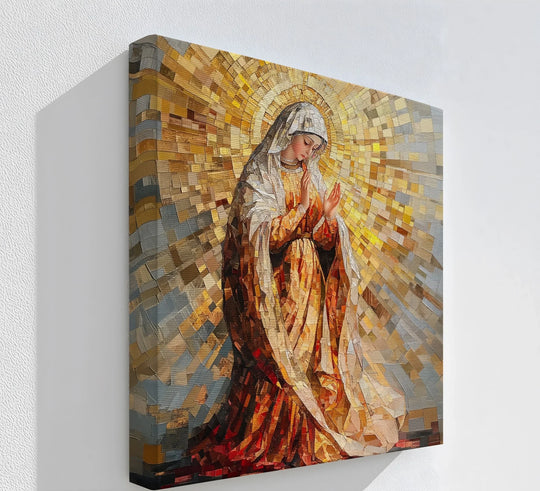 Alternating light and shadow accentuate the mosaic style of this radiant grace Virgin Mary framed canvas print.