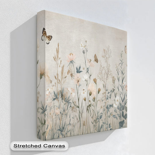 Highlighting the focal point, this stretched canvas features a soft botanical meadow with wildflowers and butterflies in high quality canvas prints, adding a peaceful charm.