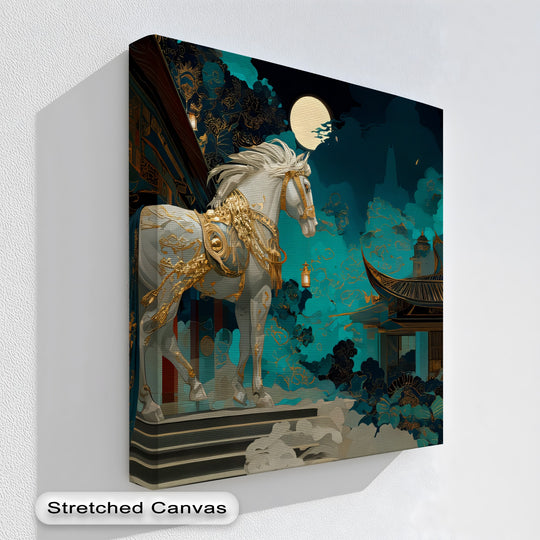Canvas wall art white horse in royal gold armor with gold accents and horse wall art plus a moonlit sky
